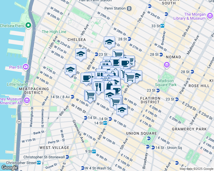 map of restaurants, bars, coffee shops, grocery stores, and more near 180 West 20th Street in New York