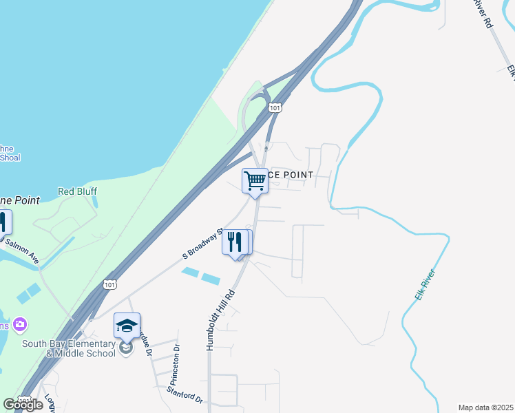 map of restaurants, bars, coffee shops, grocery stores, and more near Humboldt Hill Road & Sea Bluff Place in Eureka