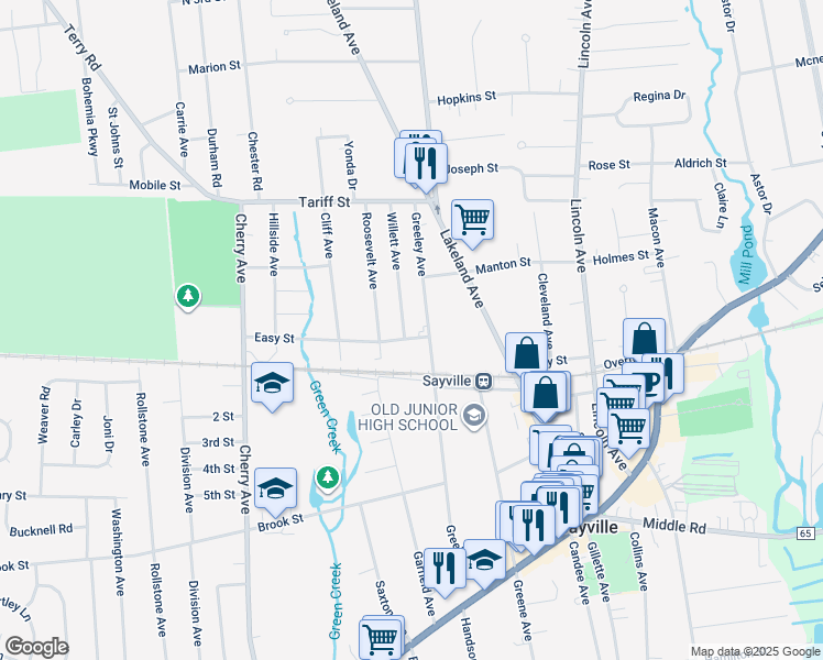 map of restaurants, bars, coffee shops, grocery stores, and more near 79 Willett Avenue in Sayville