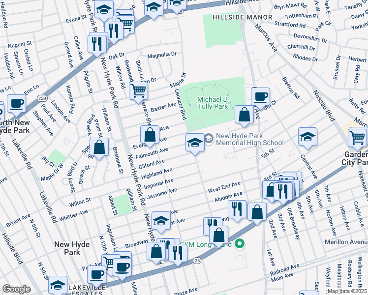 map of restaurants, bars, coffee shops, grocery stores, and more near 1637 Gilford Avenue in New Hyde Park