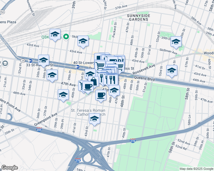 map of restaurants, bars, coffee shops, grocery stores, and more near 44-22 Greenpoint Avenue in Queens