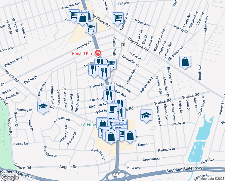 map of restaurants, bars, coffee shops, grocery stores, and more near 1301 Deer Park Ave in North Babylon