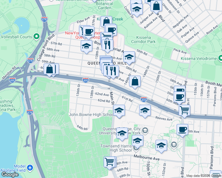 map of restaurants, bars, coffee shops, grocery stores, and more near 61-18 Main Street in Queens