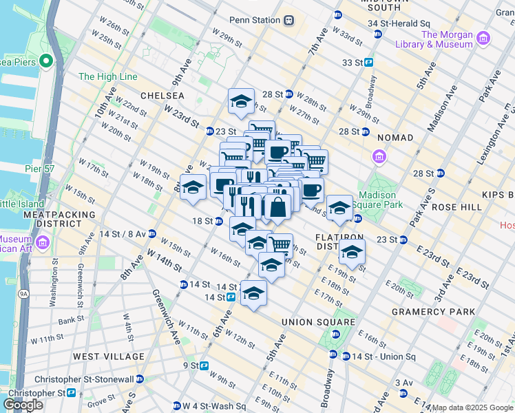 map of restaurants, bars, coffee shops, grocery stores, and more near 121A West 20th Street in New York