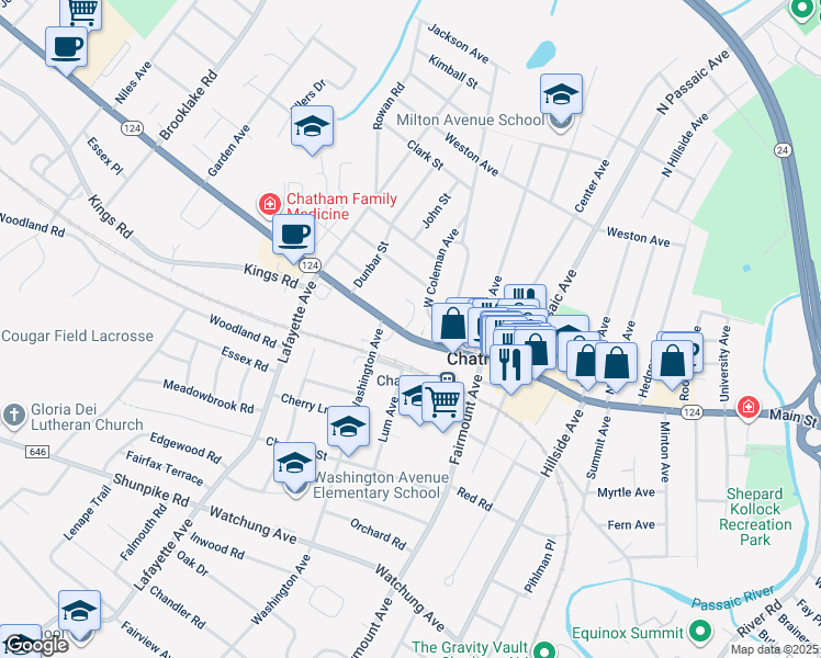 map of restaurants, bars, coffee shops, grocery stores, and more near 345 Main Street in Chatham
