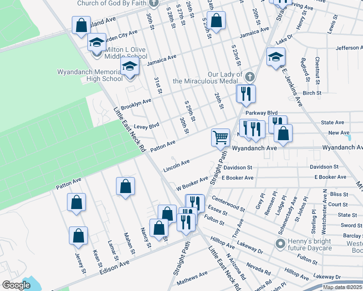 map of restaurants, bars, coffee shops, grocery stores, and more near 92 Patton Avenue in Wyandanch