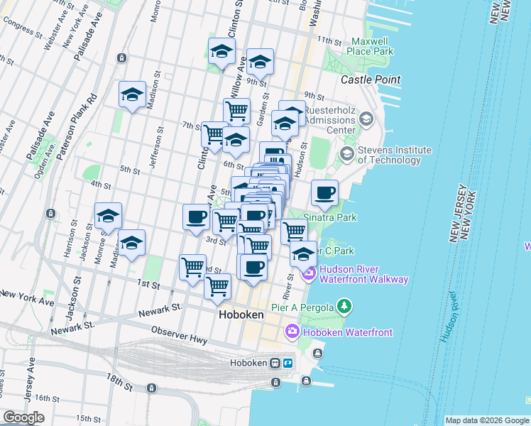 map of restaurants, bars, coffee shops, grocery stores, and more near 407 Washington Street in Hoboken