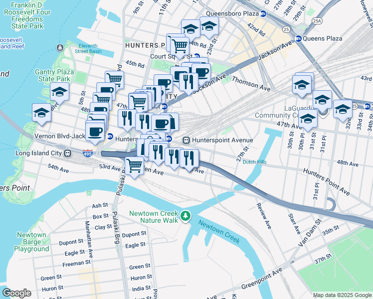 map of restaurants, bars, coffee shops, grocery stores, and more near 24-02 49th Avenue in Queens