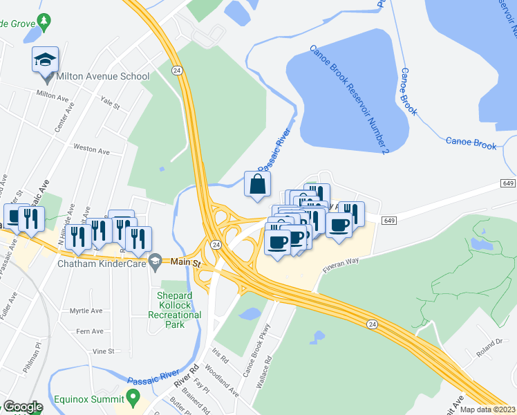 map of restaurants, bars, coffee shops, grocery stores, and more near 51 John F Kennedy Parkway in Millburn