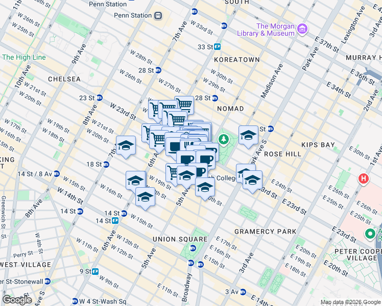 map of restaurants, bars, coffee shops, grocery stores, and more near 24 West 23rd Street in New York