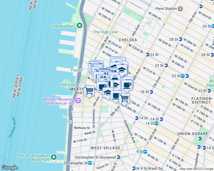 map of restaurants, bars, coffee shops, grocery stores, and more near 76 9th Avenue in New York