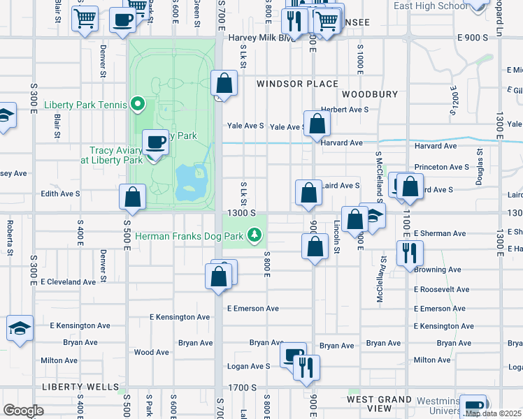 map of restaurants, bars, coffee shops, grocery stores, and more near 777 East 1300 South in Salt Lake City