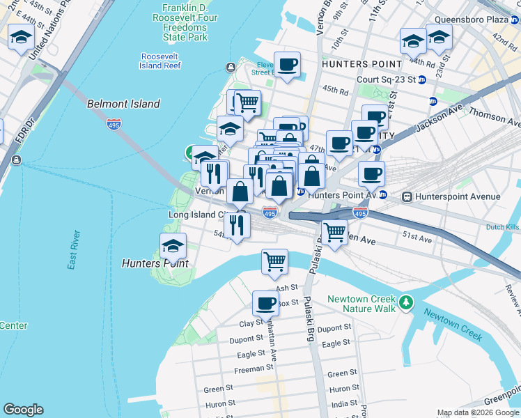 map of restaurants, bars, coffee shops, grocery stores, and more near 5-19 Borden Avenue in Queens