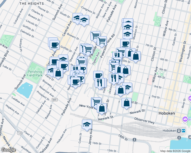 map of restaurants, bars, coffee shops, grocery stores, and more near 100 Paterson Plank Road in Jersey City
