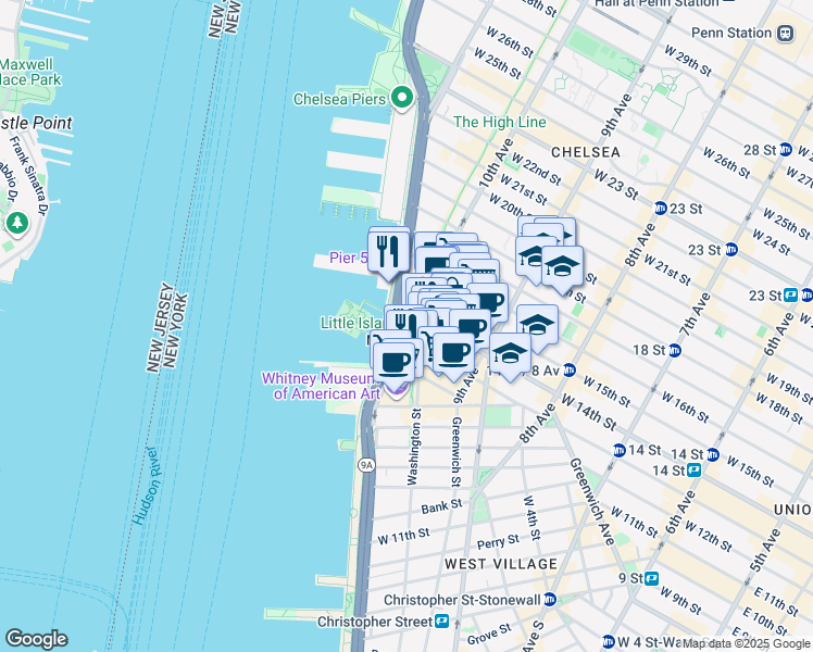map of restaurants, bars, coffee shops, grocery stores, and more near 475 West 13th Street in New York