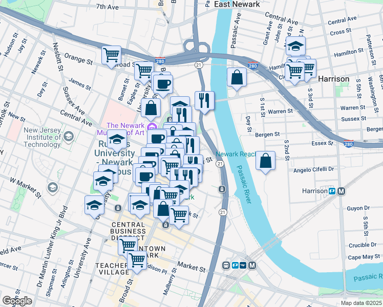 map of restaurants, bars, coffee shops, grocery stores, and more near 17 Fulton Street in Newark