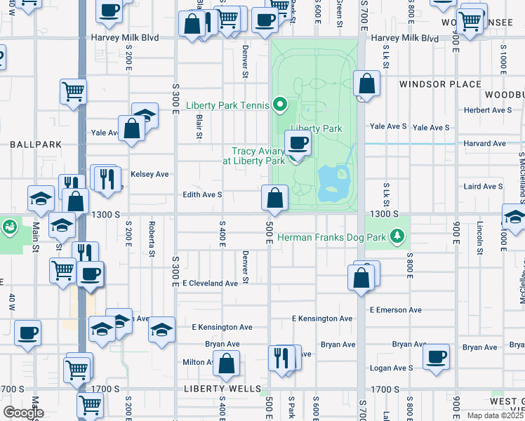 map of restaurants, bars, coffee shops, grocery stores, and more near 464 East 1300 South in Salt Lake City