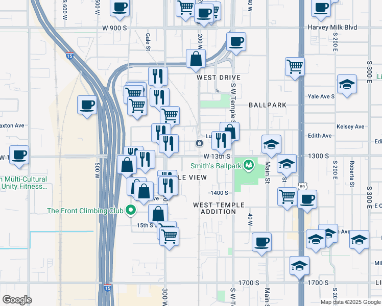 map of restaurants, bars, coffee shops, grocery stores, and more near 212 West 1300 South in Salt Lake City