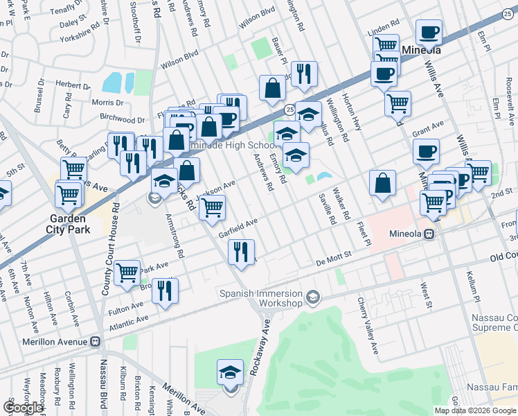 map of restaurants, bars, coffee shops, grocery stores, and more near 404 Garfield Avenue in Mineola