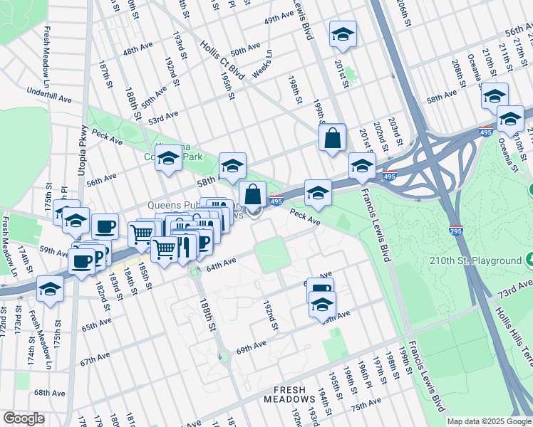 map of restaurants, bars, coffee shops, grocery stores, and more near 60-5F 194th Street in Queens