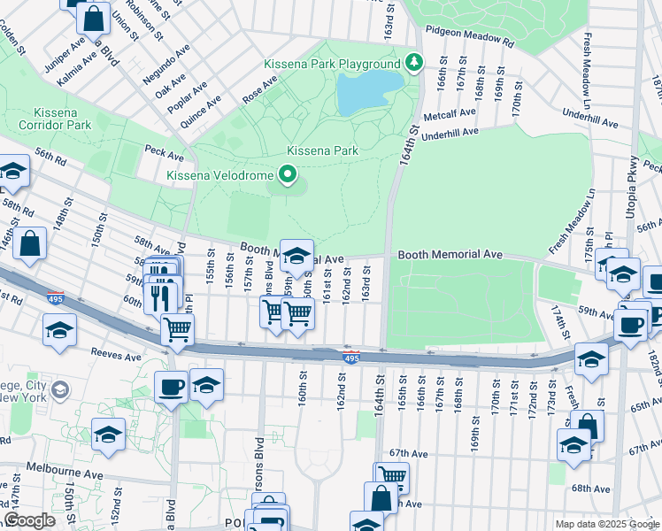 map of restaurants, bars, coffee shops, grocery stores, and more near 57-18 161 Street in Queens