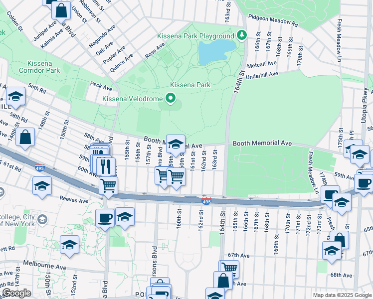 map of restaurants, bars, coffee shops, grocery stores, and more near 57-18 161 Street in Queens