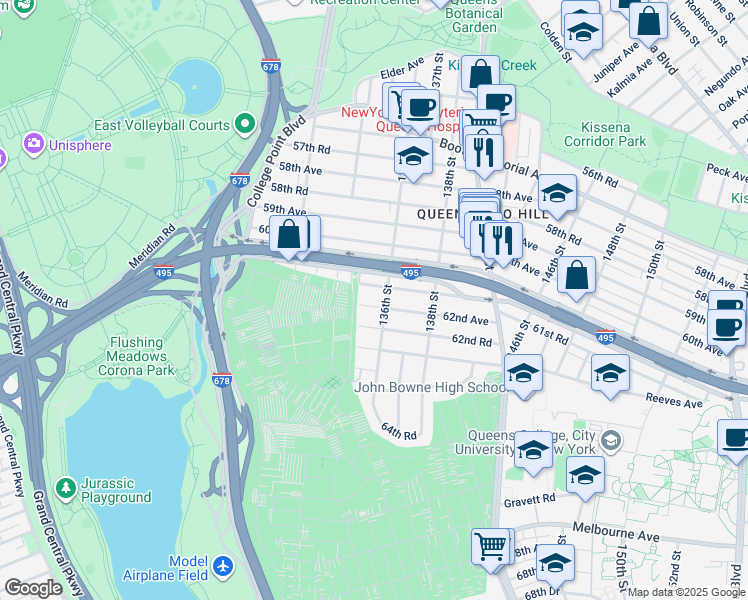 map of restaurants, bars, coffee shops, grocery stores, and more near 135-30 62nd Avenue in Queens