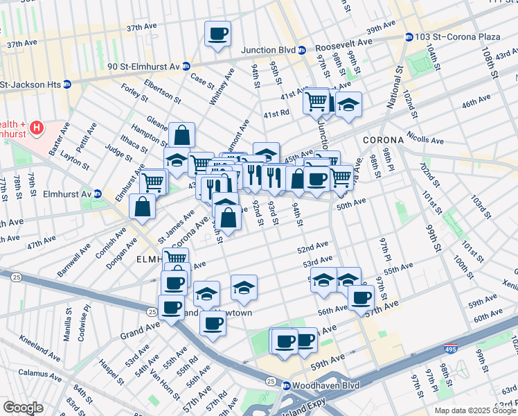 map of restaurants, bars, coffee shops, grocery stores, and more near 48-10 92nd Street in Queens