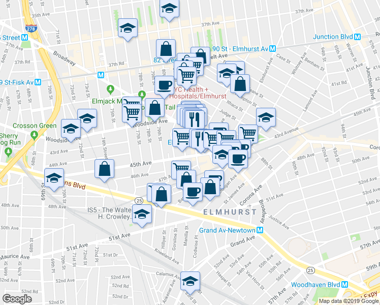 map of restaurants, bars, coffee shops, grocery stores, and more near 4264 81st Street in Queens