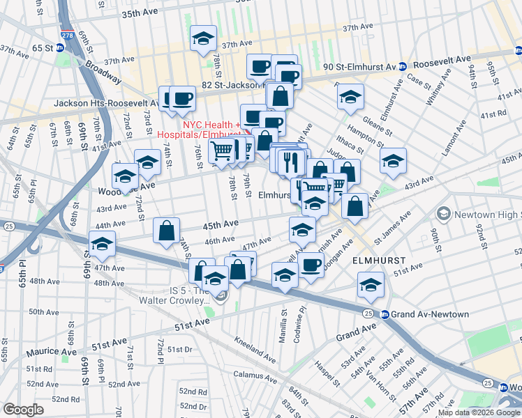 map of restaurants, bars, coffee shops, grocery stores, and more near 79-05 45th Avenue in Queens