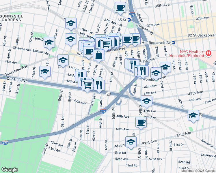map of restaurants, bars, coffee shops, grocery stores, and more near 43-16 65th Street in Queens