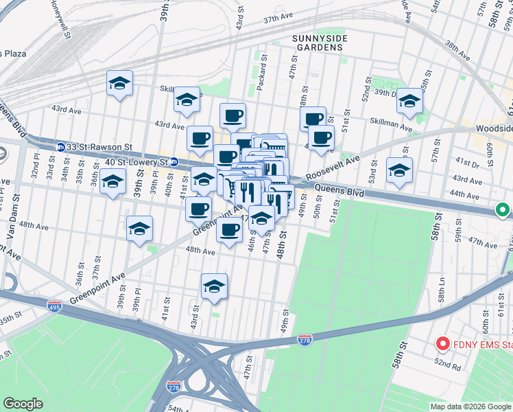 map of restaurants, bars, coffee shops, grocery stores, and more near 4529 47th Street in Queens