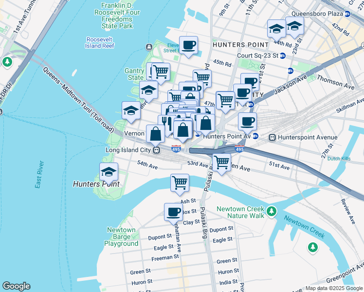 map of restaurants, bars, coffee shops, grocery stores, and more near in Queens