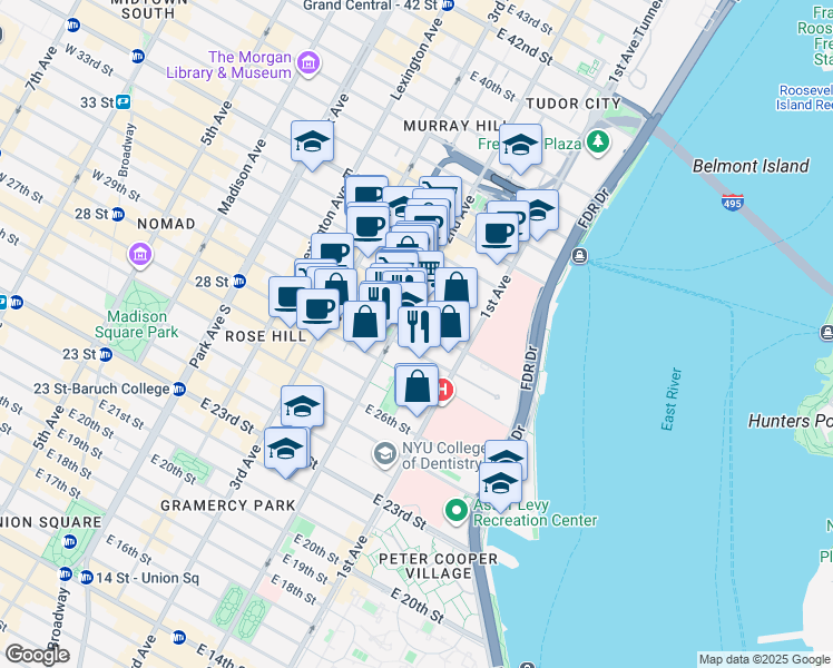 map of restaurants, bars, coffee shops, grocery stores, and more near 323 East 29th Street in New York