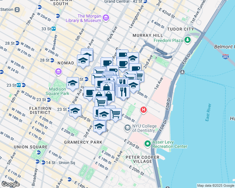 map of restaurants, bars, coffee shops, grocery stores, and more near 216 East 28th Street in New York