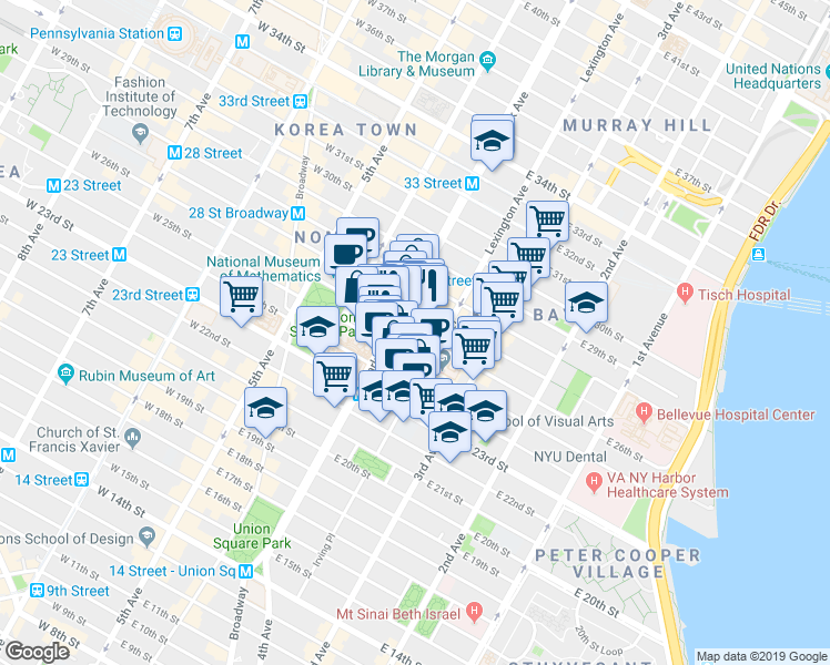 map of restaurants, bars, coffee shops, grocery stores, and more near in New York