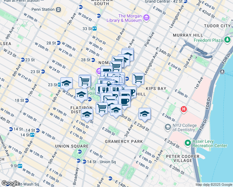 map of restaurants, bars, coffee shops, grocery stores, and more near 340 Park Avenue South in New York