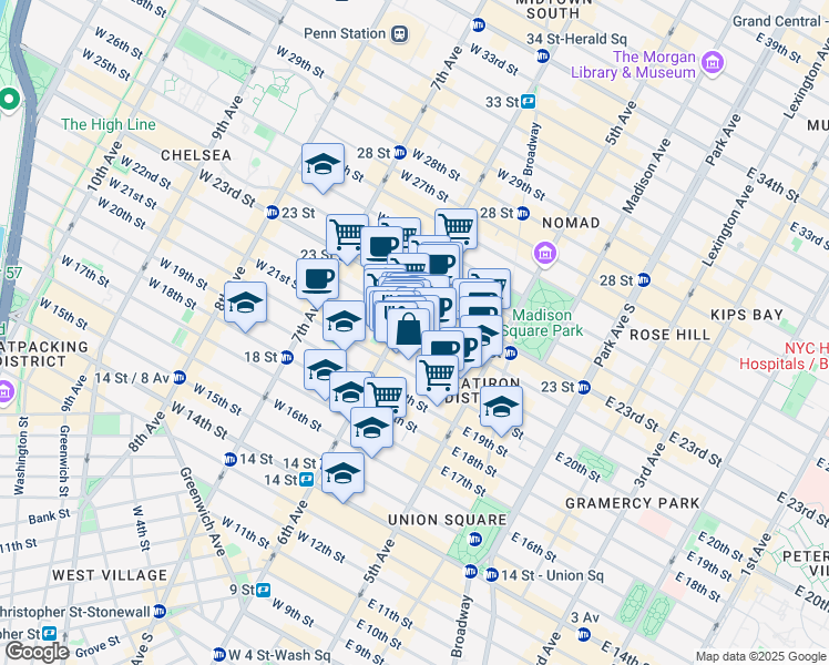 map of restaurants, bars, coffee shops, grocery stores, and more near 54 West 21st Street in New York