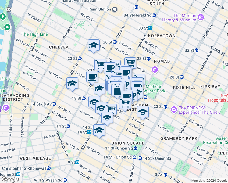 map of restaurants, bars, coffee shops, grocery stores, and more near 54 West 21st Street in New York