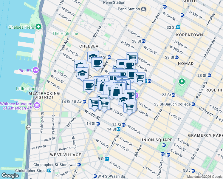 map of restaurants, bars, coffee shops, grocery stores, and more near in New York