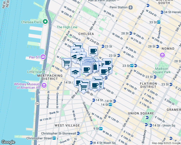 map of restaurants, bars, coffee shops, grocery stores, and more near 146-150 8th Avenue in New York