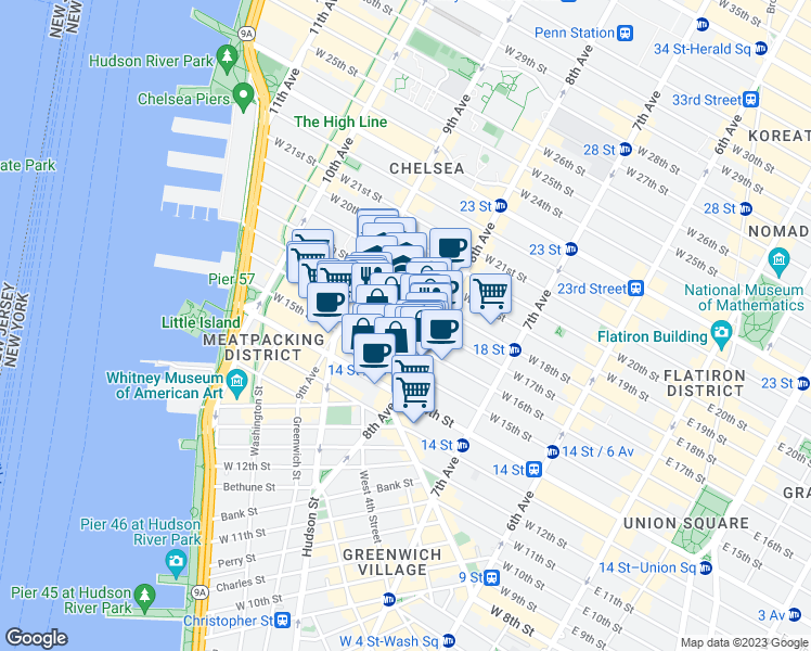 map of restaurants, bars, coffee shops, grocery stores, and more near in New York