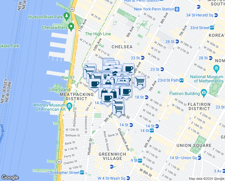 map of restaurants, bars, coffee shops, grocery stores, and more near in New York