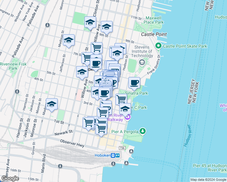 map of restaurants, bars, coffee shops, grocery stores, and more near 407 Washington Street in Hoboken