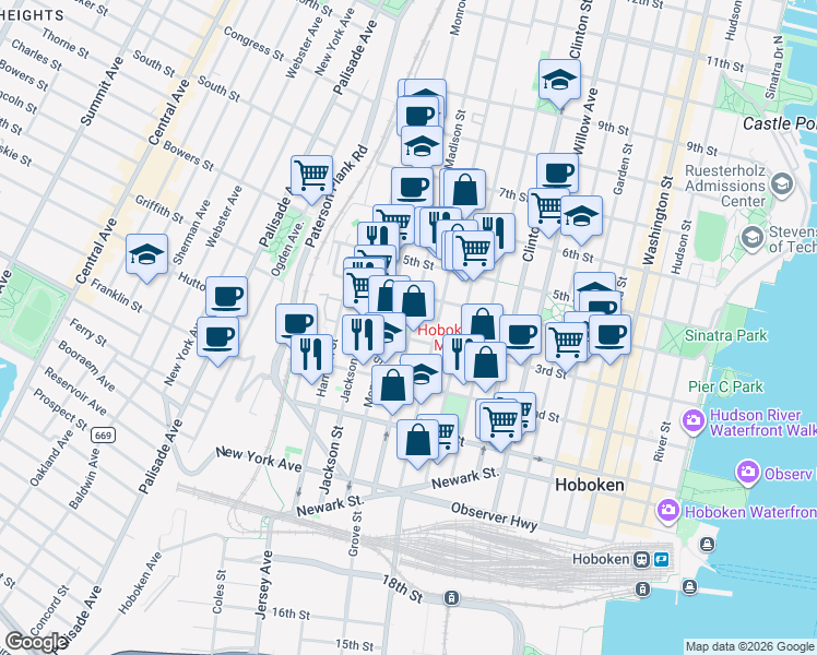 map of restaurants, bars, coffee shops, grocery stores, and more near 300 Madison Street in Hoboken
