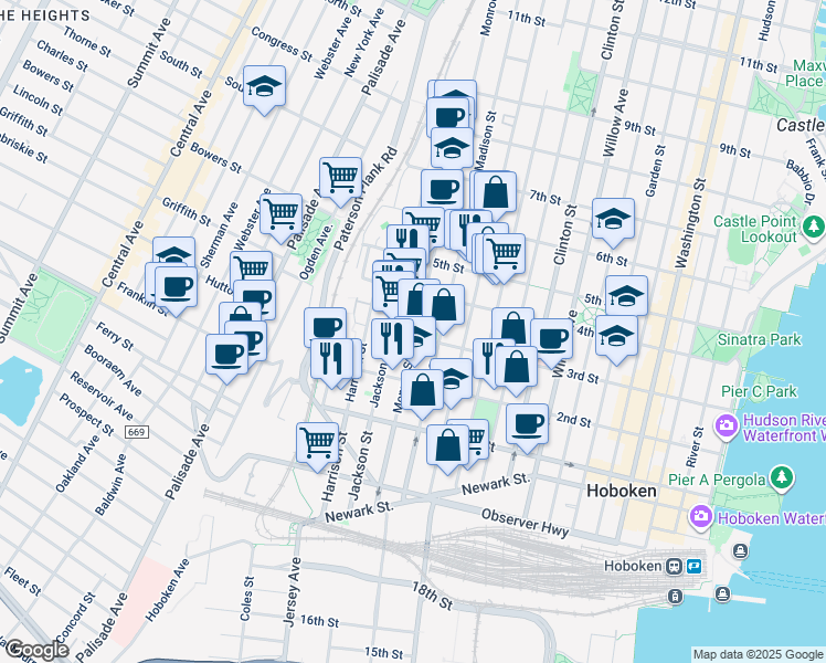 map of restaurants, bars, coffee shops, grocery stores, and more near 229 Jackson Street in Hoboken
