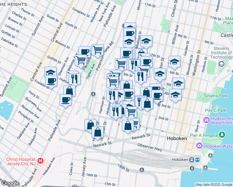 map of restaurants, bars, coffee shops, grocery stores, and more near 229 Jackson Street in Hoboken
