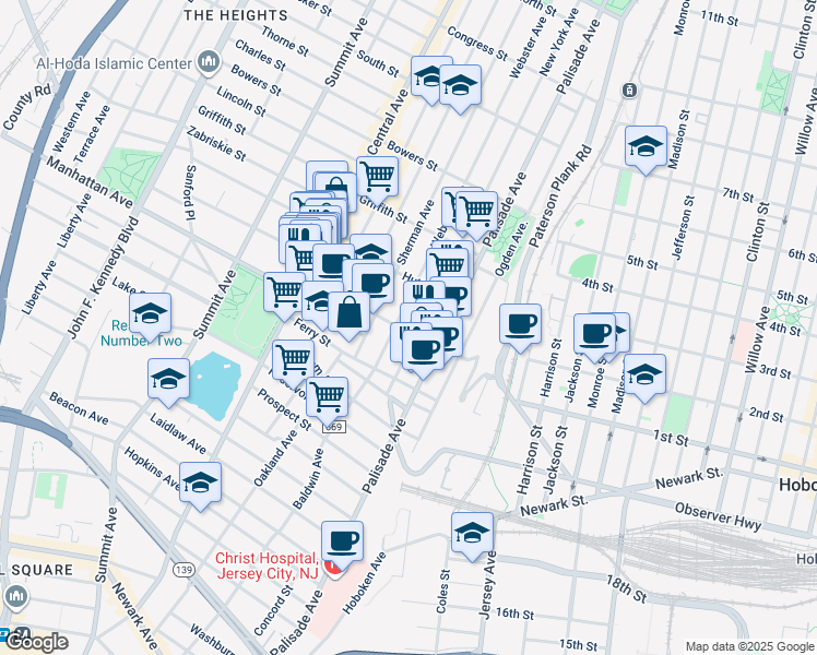 map of restaurants, bars, coffee shops, grocery stores, and more near 63 Franklin Street in Jersey City