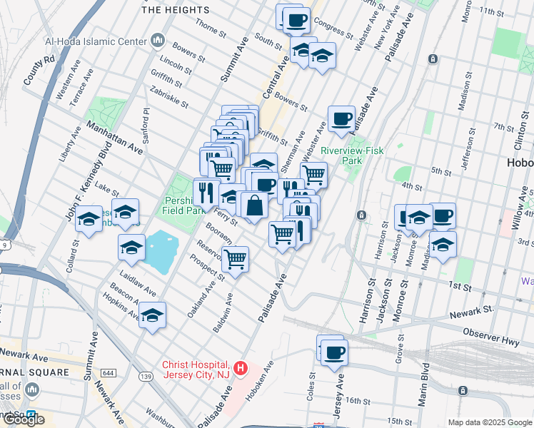 map of restaurants, bars, coffee shops, grocery stores, and more near 19 Sherman Avenue in Jersey City