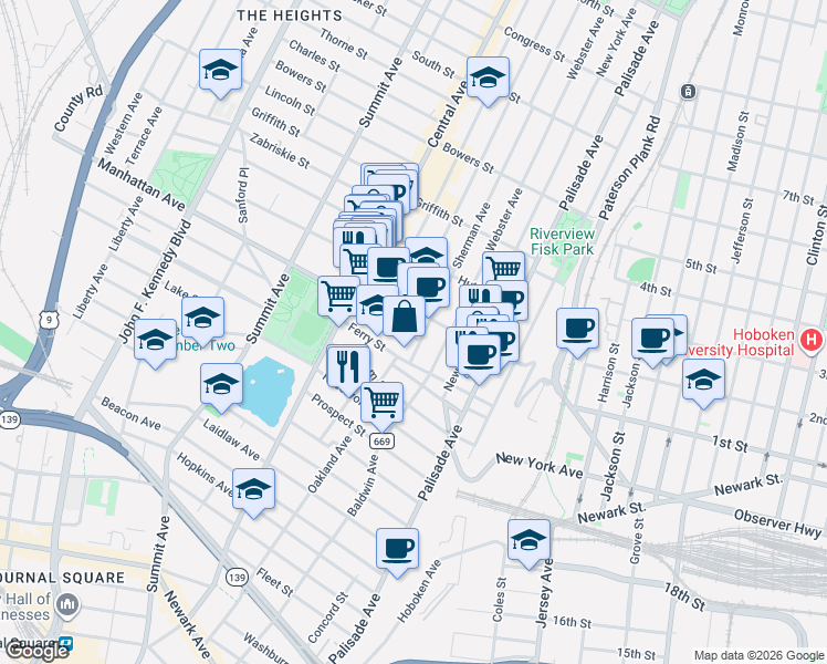 map of restaurants, bars, coffee shops, grocery stores, and more near 19 Sherman Avenue in Jersey City